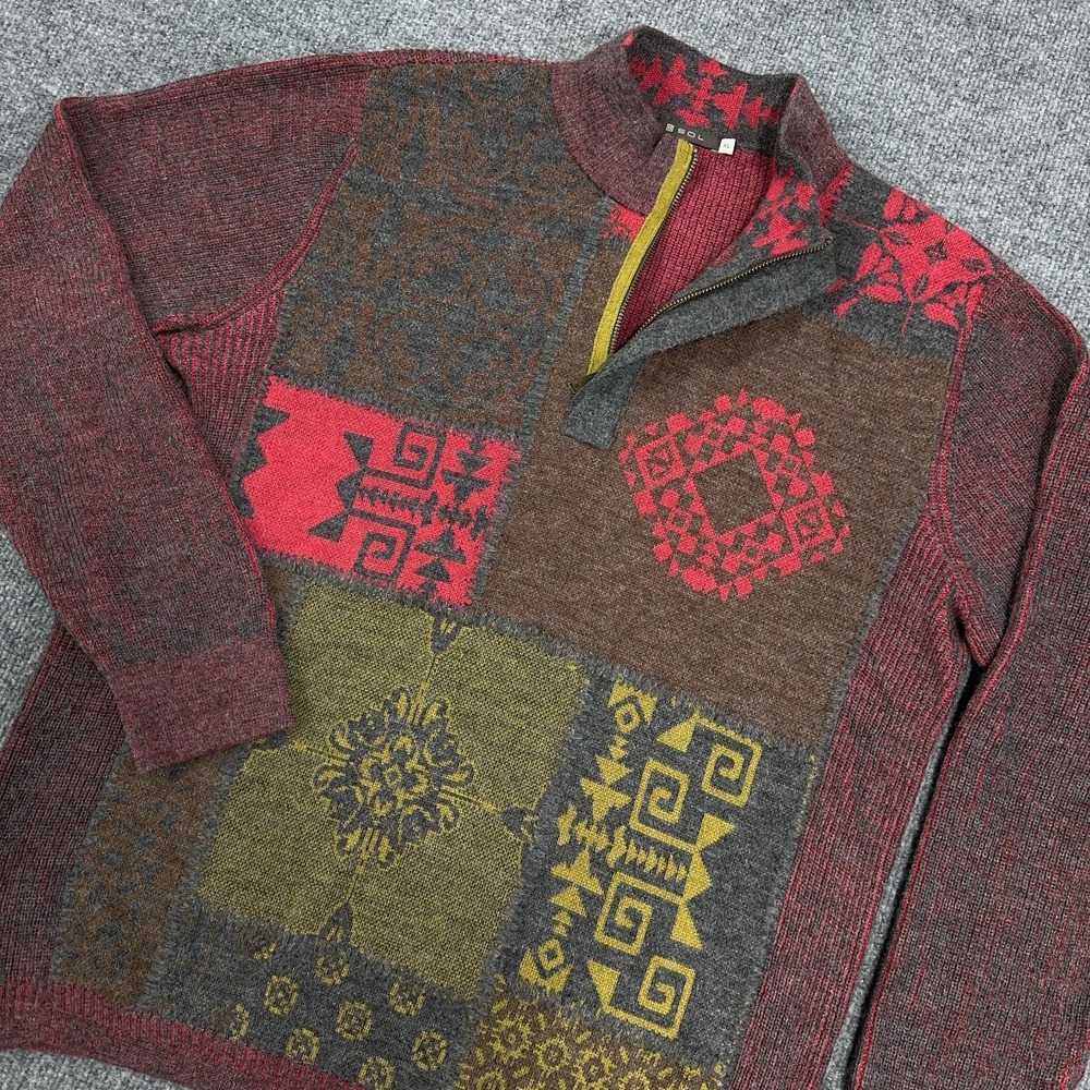 SOL Baby Alpaca Sweater Size XL Red Gray Multicolor Geometric 1/4 Zip Super Soft